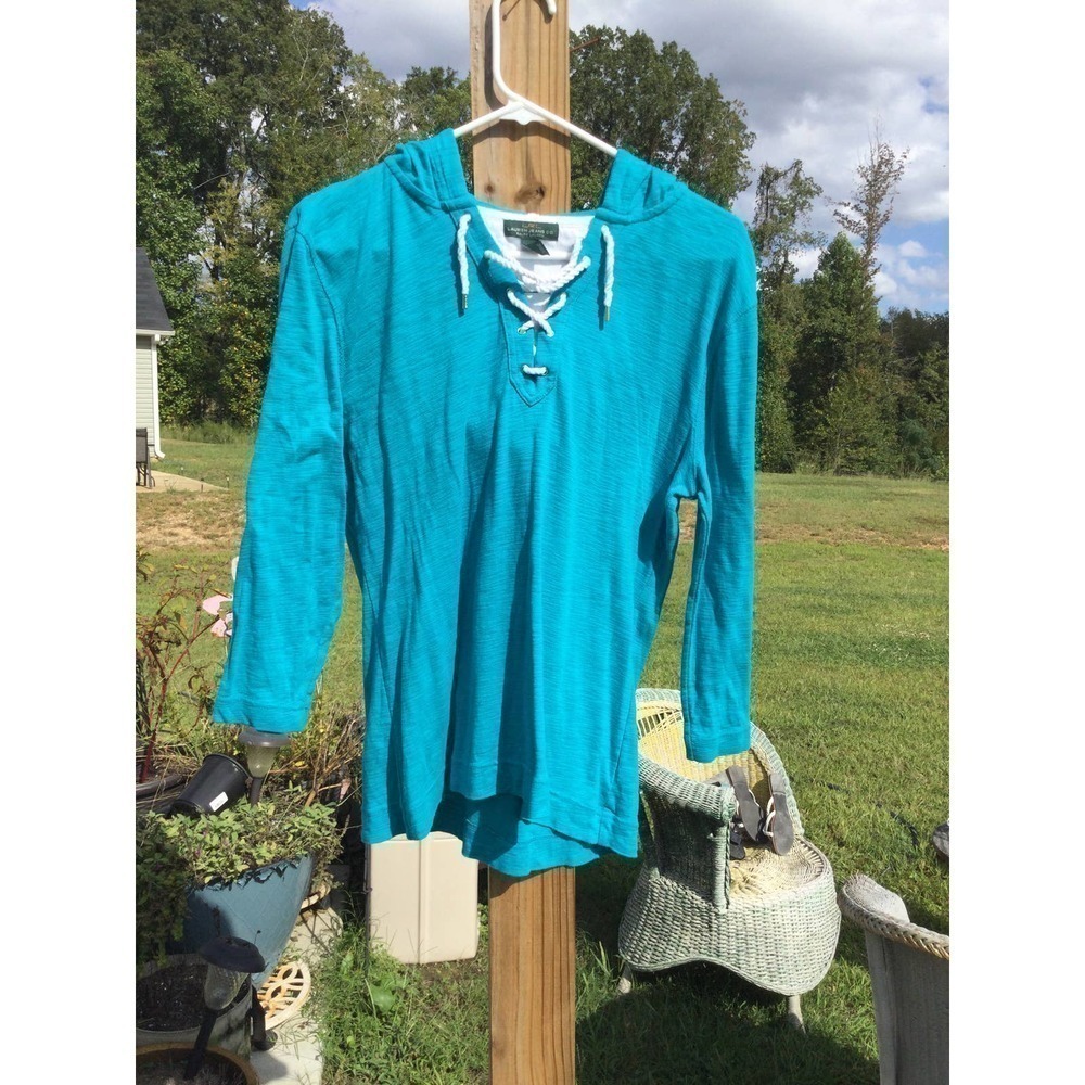 Lauren Ralph Lauren womens lace‎ up knit size large L top shirt teal 100% cotton